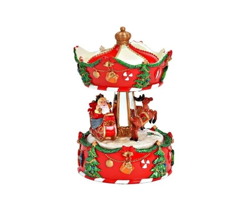 Boîte à musique carrousel Noël poly rouge Père Noël traîneau renne guirlandes sapins cloches dorées mouvement rotatif H17cm