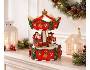 Boîte à musique carrousel Noël poly rouge Père Noël traîneau renne guirlandes sapins cloches dorées mouvement rotatif H17cm