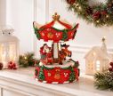Voir la slide Boîte à musique carrousel Noël poly rouge Père Noël traîneau renne guirlandes sapins cloches dorées mouvement rotatif H17cm