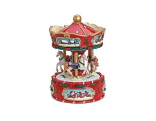 Boîte à musique carrousel Noël poly rouge blanc chevaux dorés guirlandes houx scènes Père Noël traîneau dôme doré H18cm