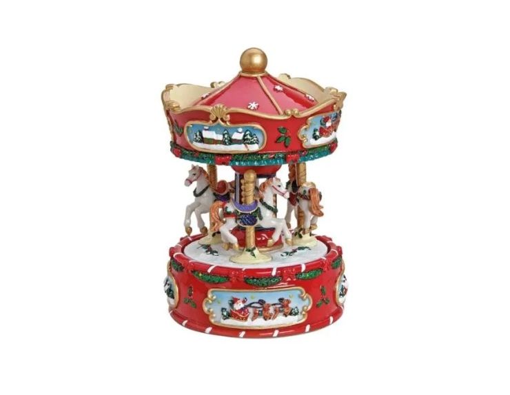 Boîte à musique carrousel Noël poly rouge blanc chevaux dorés guirlandes houx scènes Père Noël traîneau dôme doré H18cm