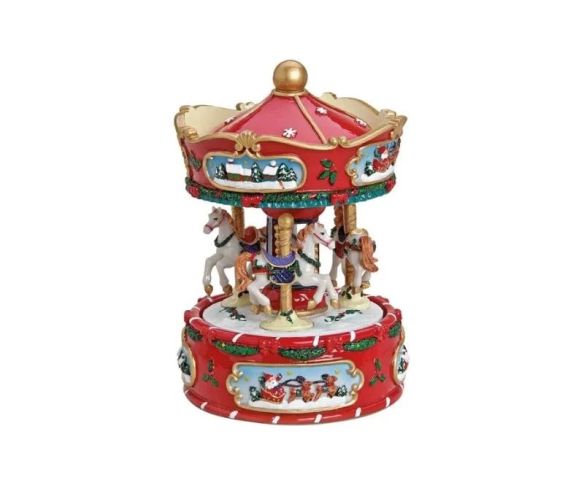 Boîte à musique carrousel Noël poly rouge blanc chevaux dorés guirlandes houx scènes Père Noël traîneau dôme doré H18cm