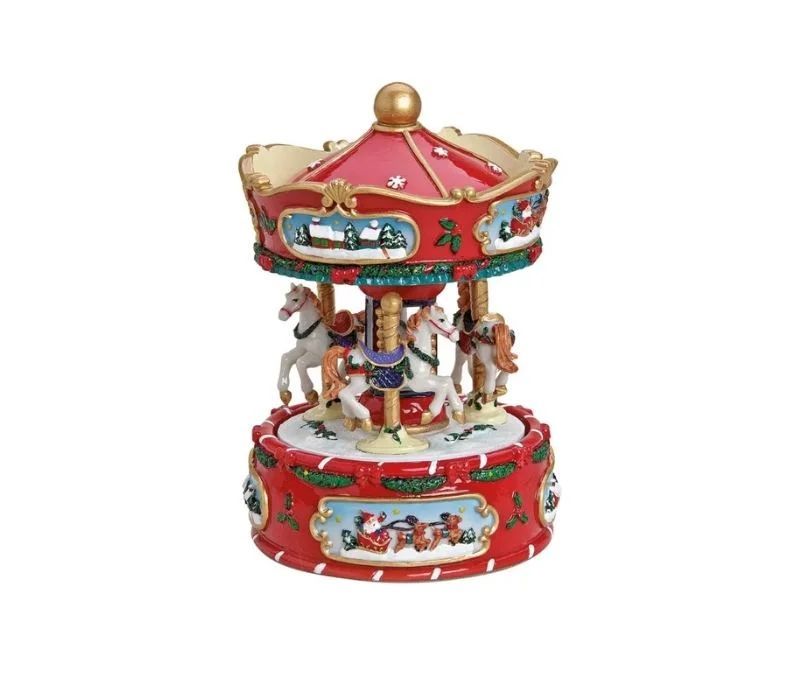 Boîte à musique carrousel Noël poly rouge blanc chevaux dorés guirlandes houx scènes Père Noël traîneau dôme doré H18cm