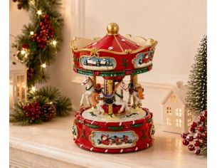 Boîte à musique carrousel Noël poly rouge blanc chevaux dorés guirlandes houx scènes Père Noël traîneau dôme doré H18cm