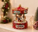 Voir la slide Boîte à musique carrousel Noël poly rouge blanc chevaux dorés guirlandes houx scènes Père Noël traîneau dôme doré H18cm