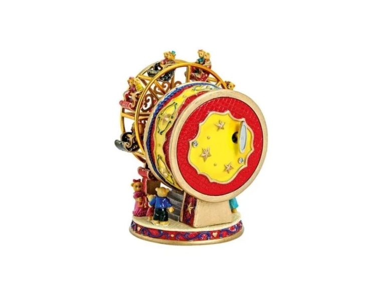 Boîte à musique grande roue poly doré rouge jaune oursons personnages mouvement rotatif décoration Noël cheminée H14cm