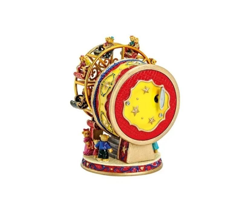 Boîte à musique grande roue poly doré rouge jaune oursons personnages mouvement rotatif décoration Noël cheminée H14cm
