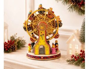 Boîte à musique grande roue poly doré rouge jaune oursons personnages mouvement rotatif décoration Noël cheminée H14cm