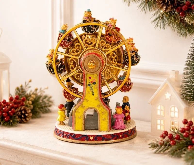 Boîte à musique grande roue poly doré rouge jaune oursons personnages mouvement rotatif décoration Noël cheminée H14cm