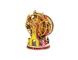 Boîte à musique grande roue poly doré rouge jaune oursons personnages mouvement rotatif décoration Noël cheminée H14cm