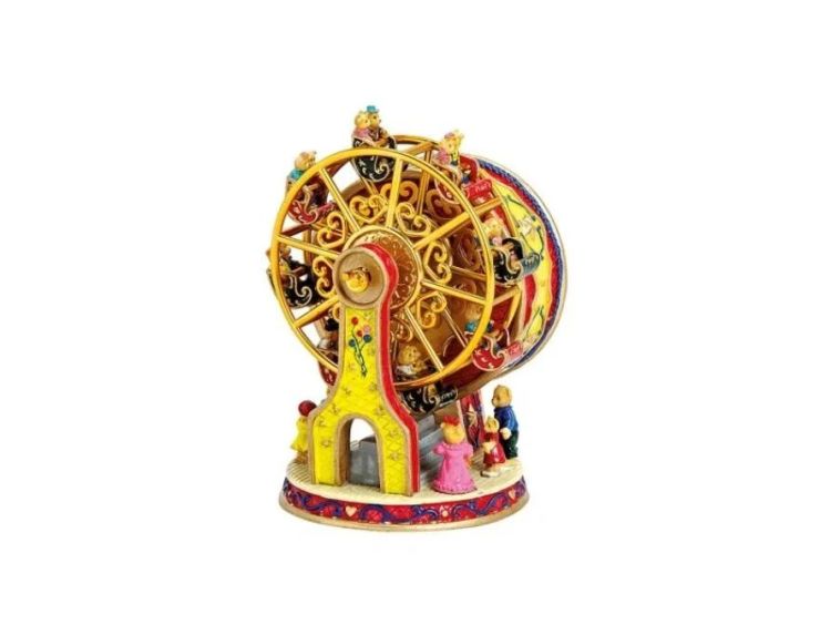 Boîte à musique grande roue poly doré rouge jaune oursons personnages mouvement rotatif décoration Noël cheminée H14cm
