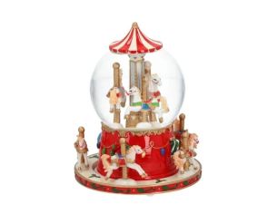 Boule à neige musicale poly rouge blanc carrousel chevaux colorés globe verre socle houx doré mouvement Noël H17cm