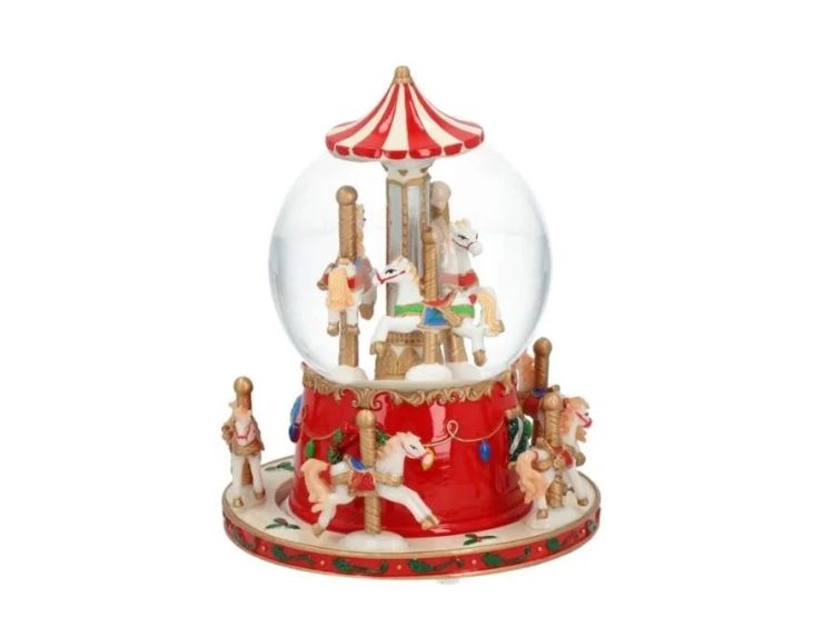 Boule à neige musicale poly rouge blanc carrousel chevaux colorés globe verre socle houx doré mouvement Noël H17cm