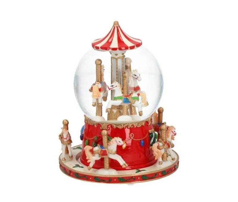 Boule à neige musicale poly rouge blanc carrousel chevaux colorés globe verre socle houx doré mouvement Noël H17cm
