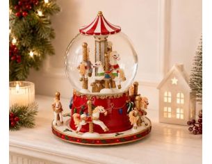 Boule à neige musicale poly rouge blanc carrousel chevaux colorés globe verre socle houx doré mouvement Noël H17cm
