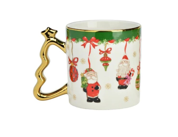 Mug porcelaine blanc Père Noël nœuds rouges flocons dorés anse sapin doré étoile liseré doré 350ml