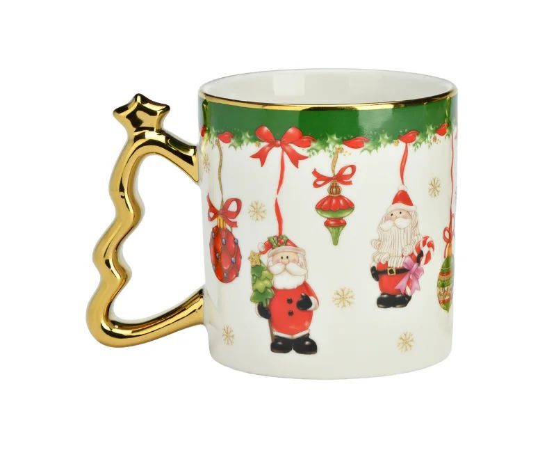 Mug porcelaine blanc Père Noël nœuds rouges flocons dorés anse sapin doré étoile liseré doré 350ml