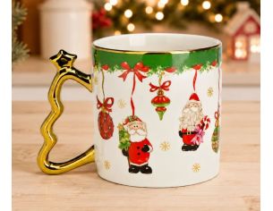 Mug porcelaine blanc Père Noël nœuds rouges flocons dorés anse sapin doré étoile liseré doré 350ml
