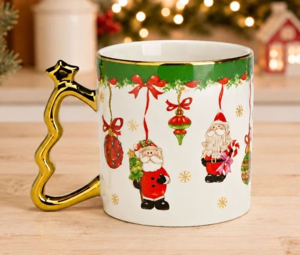 Mug porcelaine blanc Père Noël nœuds rouges flocons dorés anse sapin doré étoile liseré doré 350ml