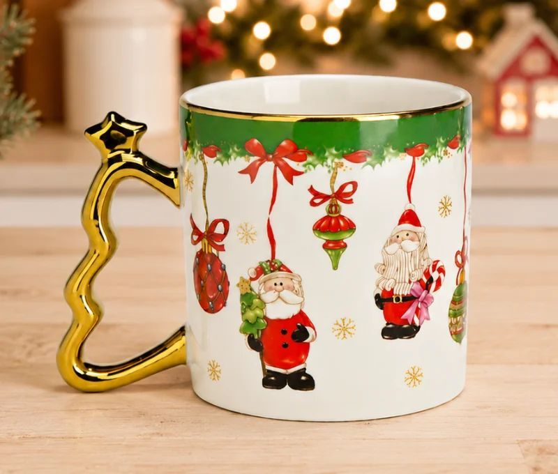 Mug porcelaine blanc Père Noël nœuds rouges flocons dorés anse sapin doré étoile liseré doré 350ml