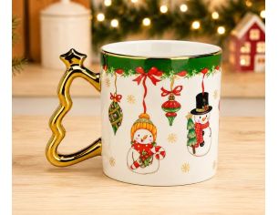 Mug porcelaine blanc bonhommes de neige nœuds rouges flocons dorés anse sapin doré étoile liseré doré 350ml