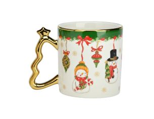 Mug porcelaine blanc bonhommes de neige nœuds rouges flocons dorés anse sapin doré étoile liseré doré 350ml