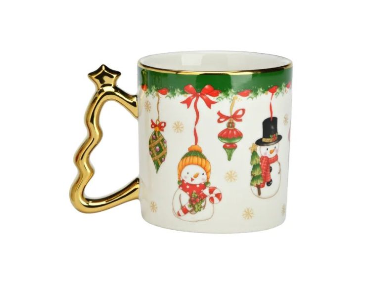 Mug porcelaine blanc bonhommes de neige nœuds rouges flocons dorés anse sapin doré étoile liseré doré 350ml