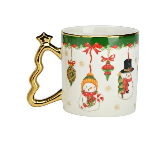 Mug porcelaine blanc bonhommes de neige nœuds rouges flocons dorés anse sapin doré étoile liseré doré 350ml