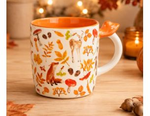 Mug porcelaine blanc orange intérieur orange motifs biche renard champignons feuilles baies automne anse champignon orange 350ml