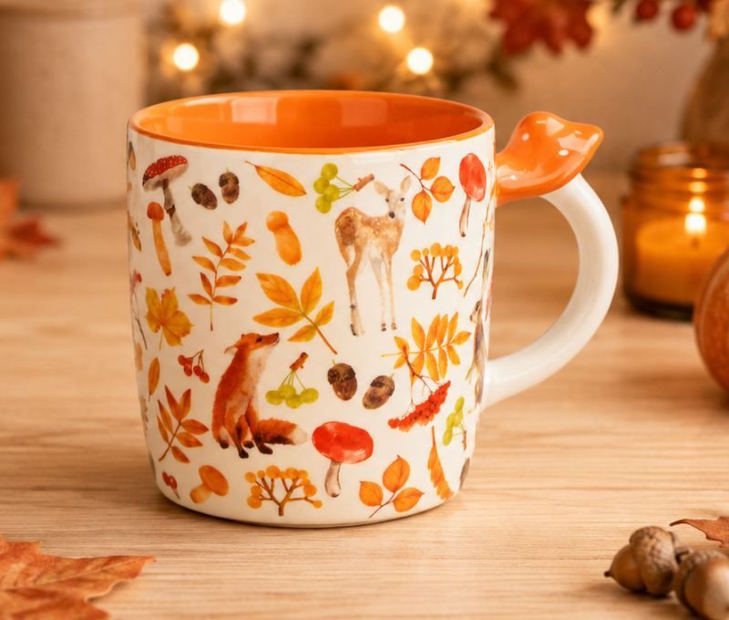Mug porcelaine blanc orange intérieur orange motifs biche renard champignons feuilles baies automne anse champignon orange 350ml