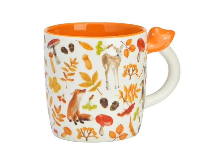 Mug porcelaine blanc orange intérieur orange motifs biche renard champignons feuilles baies automne anse champignon orange 350ml