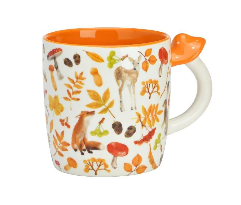 Mug porcelaine blanc orange intérieur orange motifs biche renard champignons feuilles baies automne anse champignon orange 350ml