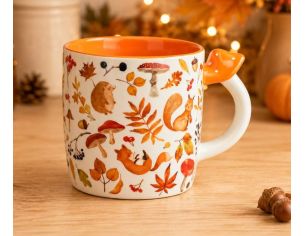 Mug porcelaine blanc intérieur orange motifs hérisson écureuil renard champignons automne anse champignon orange 350ml