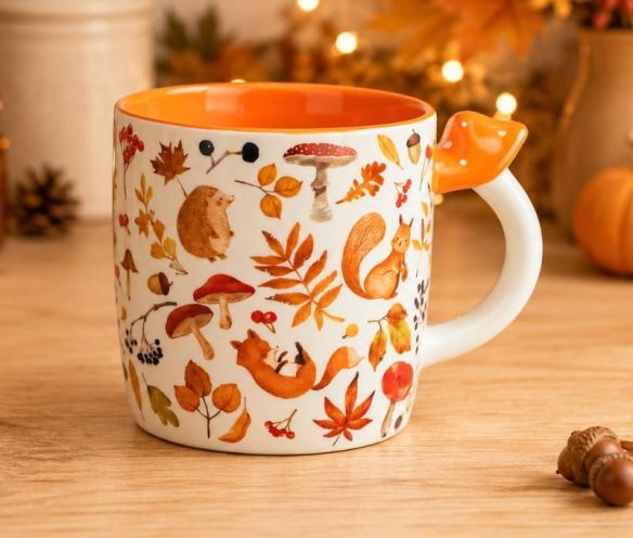 Mug porcelaine blanc intérieur orange motifs hérisson écureuil renard champignons automne anse champignon orange 350ml