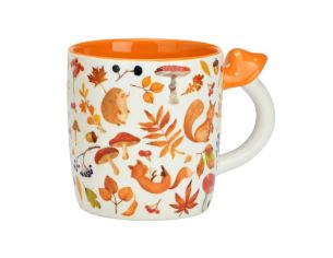 Mug porcelaine blanc intérieur orange motifs hérisson écureuil renard champignons automne anse champignon orange 350ml