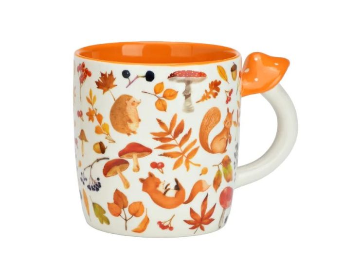 Mug porcelaine blanc intérieur orange motifs hérisson écureuil renard champignons automne anse champignon orange 350ml