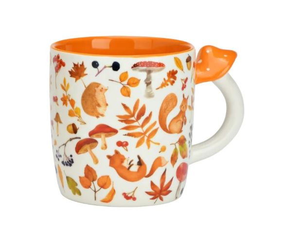 Mug porcelaine blanc intérieur orange motifs hérisson écureuil renard champignons automne anse champignon orange 350ml