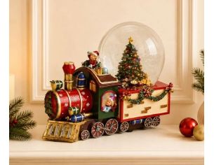 Boule à neige musicale polyrésine locomotive Noël rouge dorée globe verre enfants sapin décoré guirlande cloches H18cm
