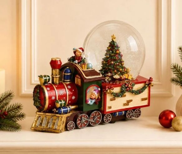 Boule à neige musicale polyrésine locomotive Noël rouge dorée globe verre enfants sapin décoré guirlande cloches H18cm