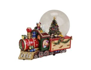 Boule à neige musicale polyrésine locomotive Noël rouge dorée globe verre enfants sapin décoré guirlande cloches H18cm