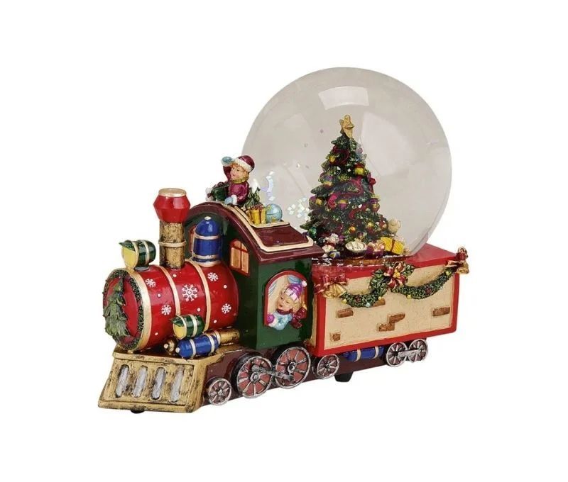 Boule à neige musicale polyrésine locomotive Noël rouge dorée globe verre enfants sapin décoré guirlande cloches H18cm