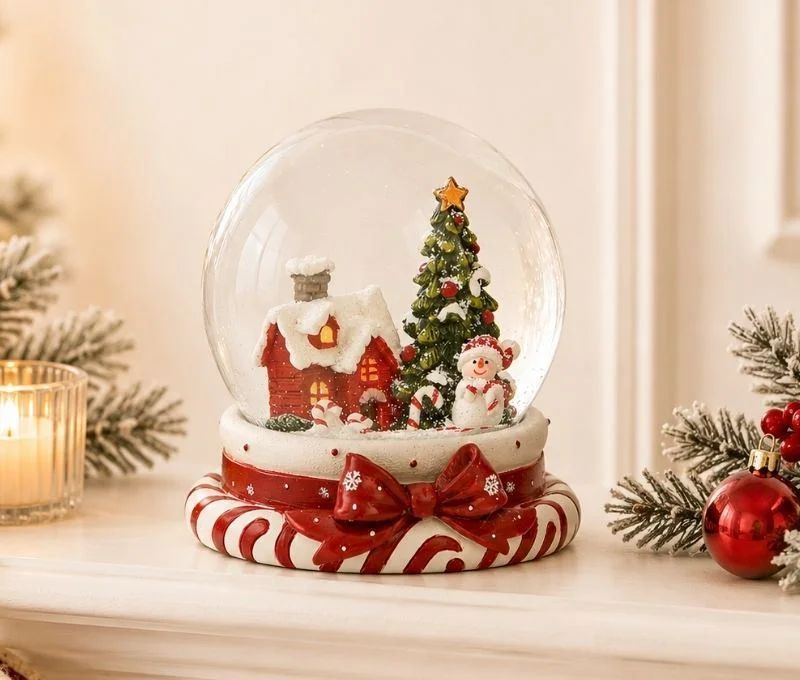 Boule à neige poly verre maison rouge enneigée sapin étoile dorée bonhomme de neige socle sucres orge nœud rouge Noël H11cm