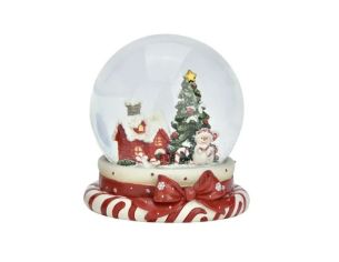 Boule à neige poly verre maison rouge enneigée sapin étoile dorée bonhomme de neige socle sucres orge nœud rouge Noël H11cm