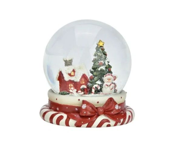 Boule à neige poly verre maison rouge enneigée sapin étoile dorée bonhomme de neige socle sucres orge nœud rouge Noël H11cm