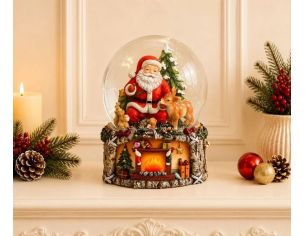 Boule à neige musicale poly verre Père Noël biche ours globe verre socle cheminée illuminée cadeaux guirlandes Noël H20cm