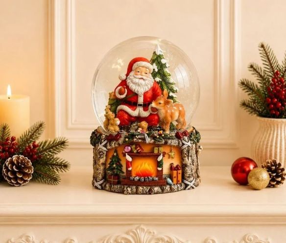Boule à neige musicale poly verre Père Noël biche ours globe verre socle cheminée illuminée cadeaux guirlandes Noël H20cm