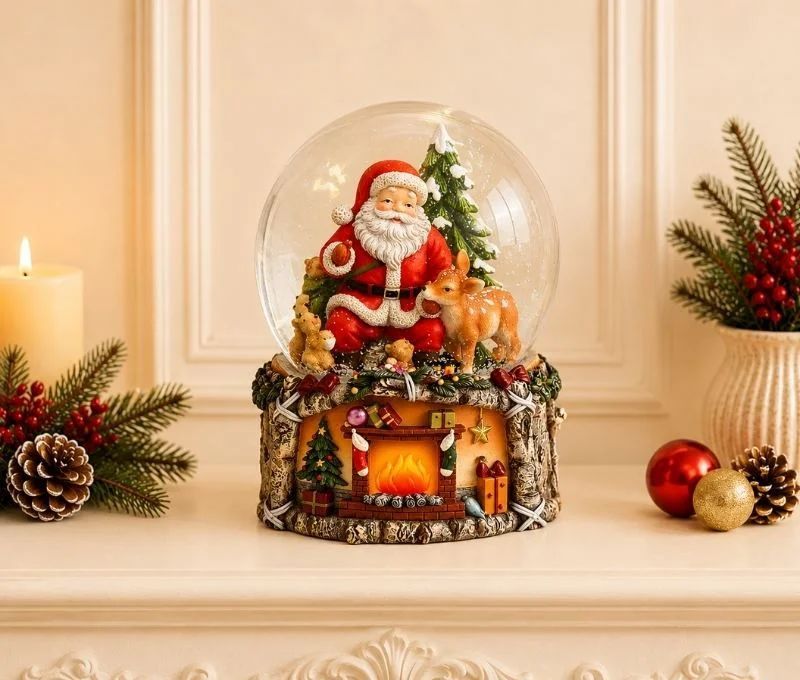 Boule à neige musicale poly verre Père Noël biche ours globe verre socle cheminée illuminée cadeaux guirlandes Noël H20cm