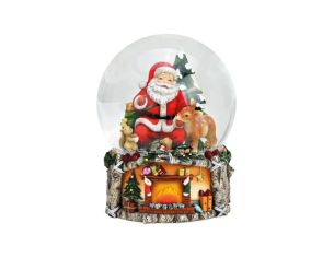 Boule à neige musicale poly verre Père Noël biche ours globe verre socle cheminée illuminée cadeaux guirlandes Noël H20cm