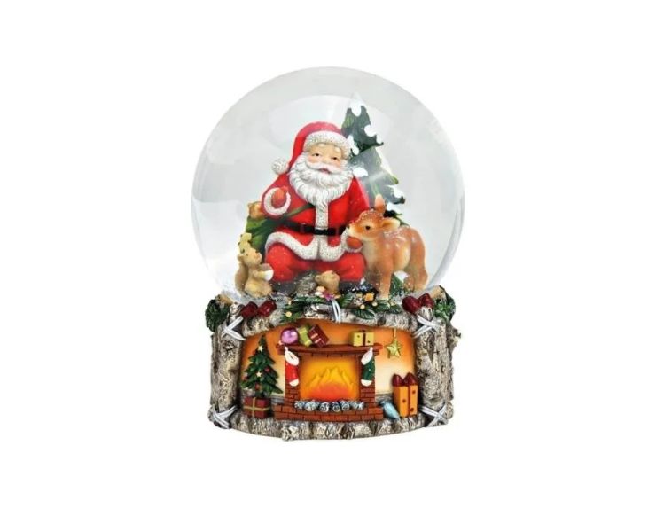 Boule à neige musicale poly verre Père Noël biche ours globe verre socle cheminée illuminée cadeaux guirlandes Noël H20cm
