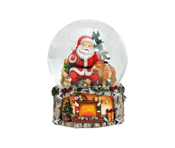 Boule à neige musicale poly verre Père Noël biche ours globe verre socle cheminée illuminée cadeaux guirlandes Noël H20cm